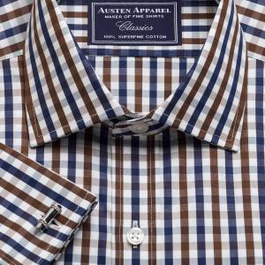 Brown & Navy Buckingham Check Poplin Men's Shirt Available in Four Fits (BKC)